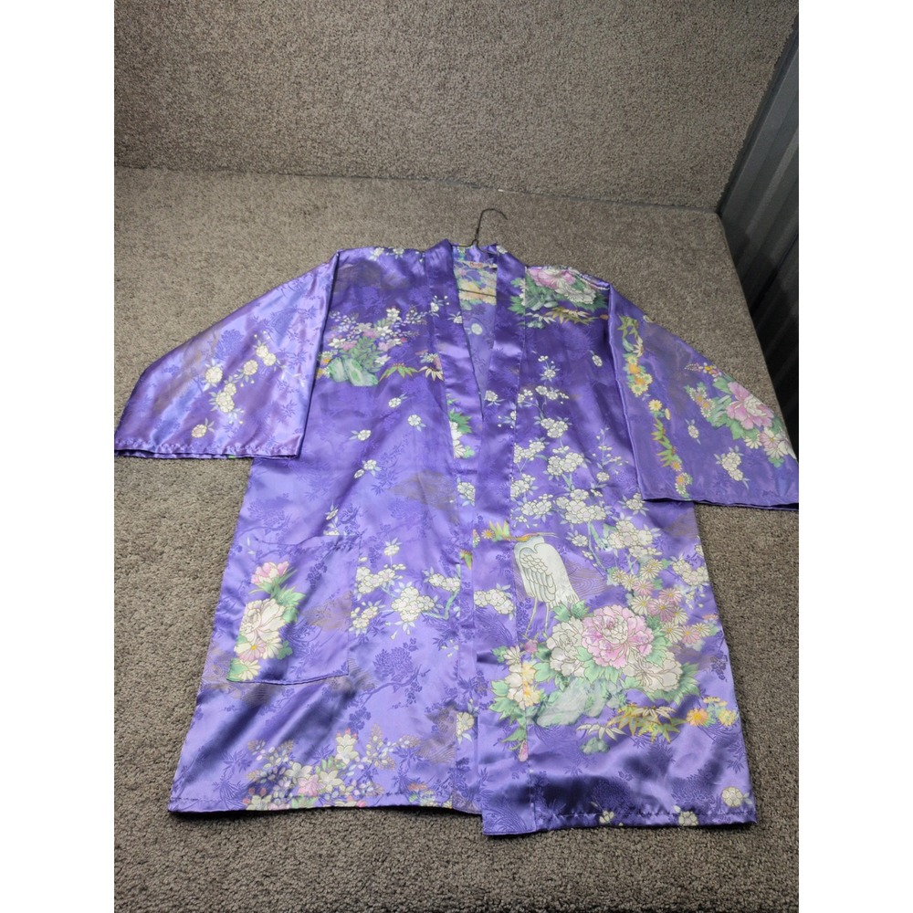 Vintage Marukyo Japan‎ Purple Satin Kimono Robe Crane Floral Print 35 Inch L-74
